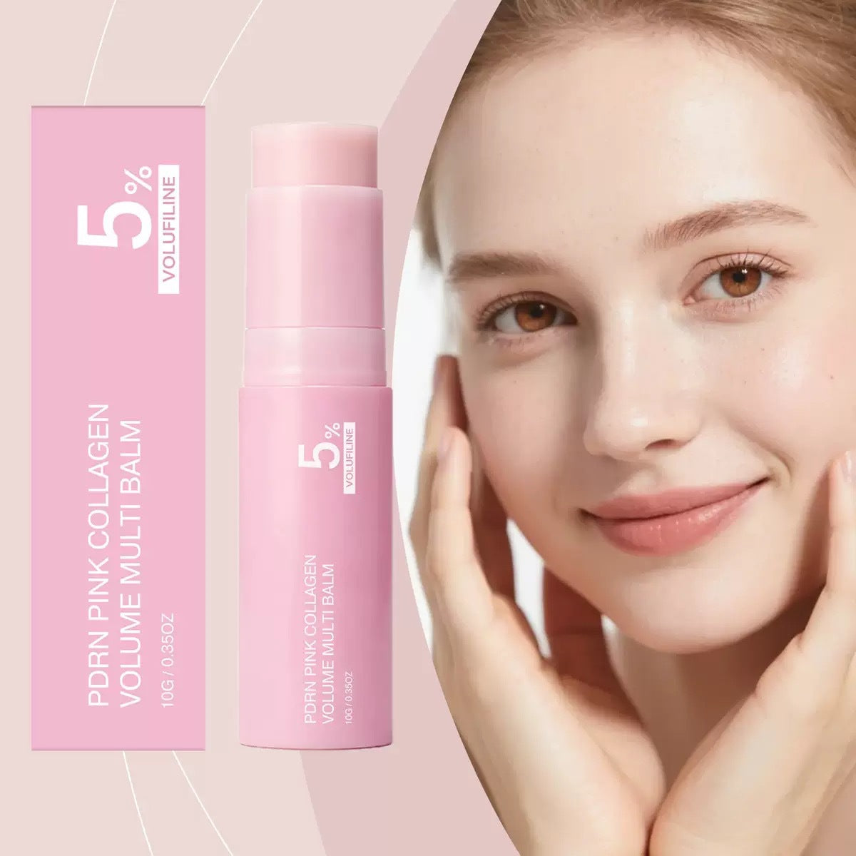 Aurelly Collagen Glow Multi-Balm stick and box beside a model with dewy skin