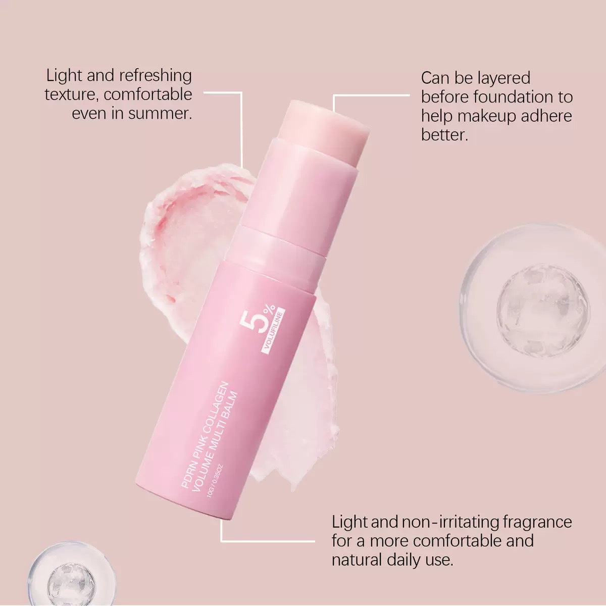 Aurelly Collagen Glow Multi-Balm — pink twist-up stick with swatch, labeled PDRN Pink Collagen Volume Multi Balm 5% Volufiline